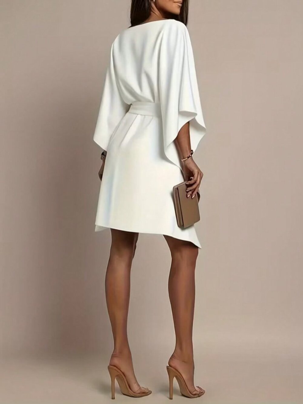 White Belted Women's Flowy Cape Sleeve Dress - Picture 2 of 4